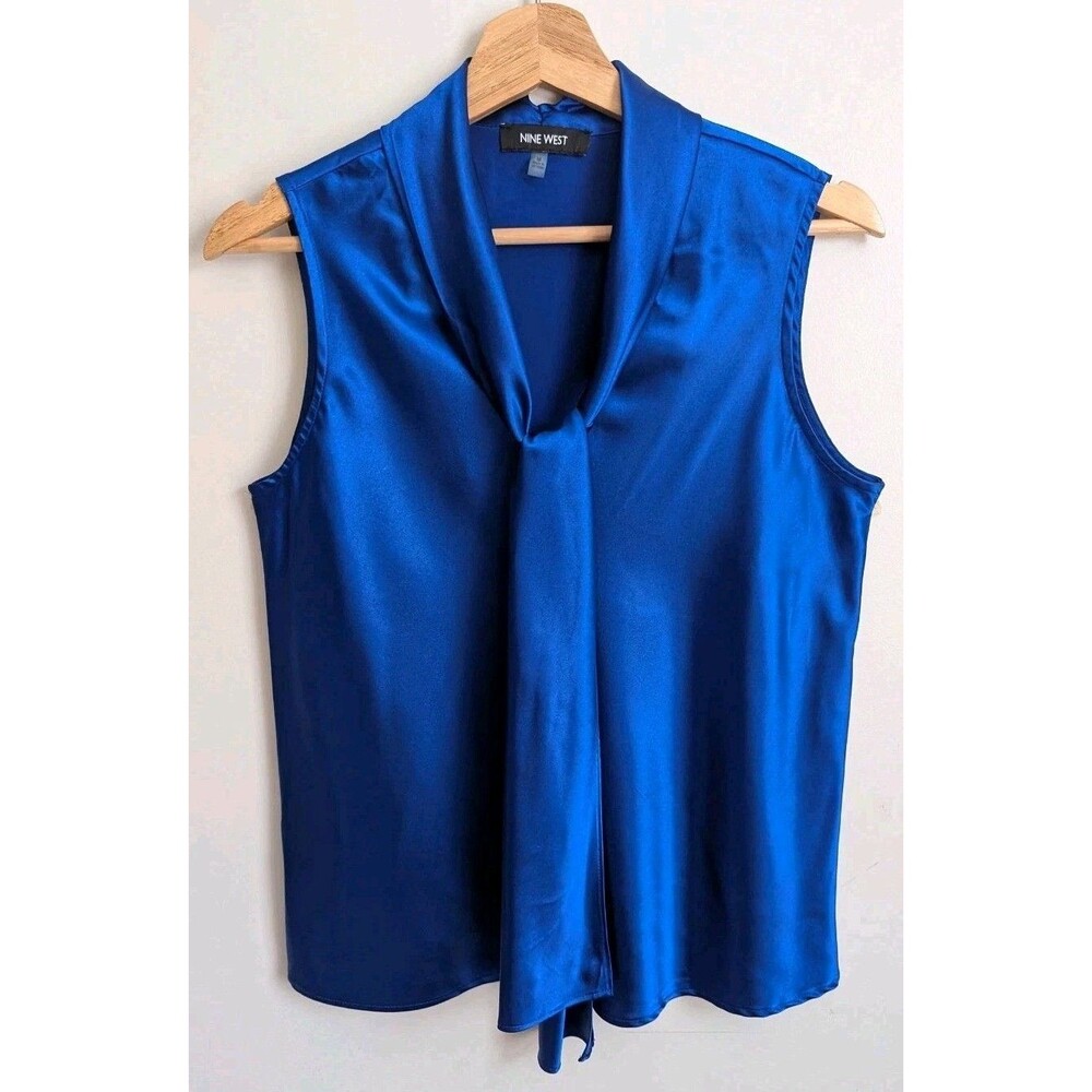 Nine West Y2K Royal Blue Liquid Satin Sleeveless Blouse Tie Neck Shiny Top M